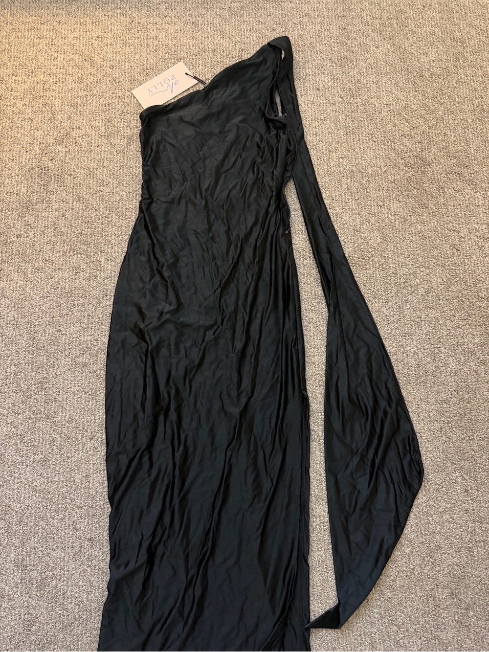 Oh Polly One-Shoulder Black Maxi Dress with Draped Sash